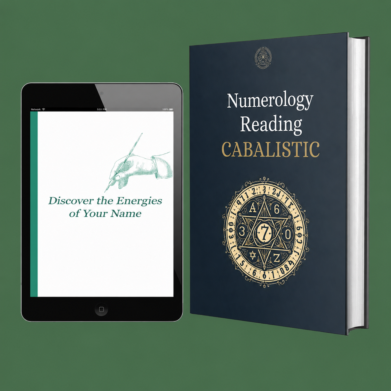 Kabbalistic Numerology Reading — book and tablet displaying Discover the Energies of Your Name