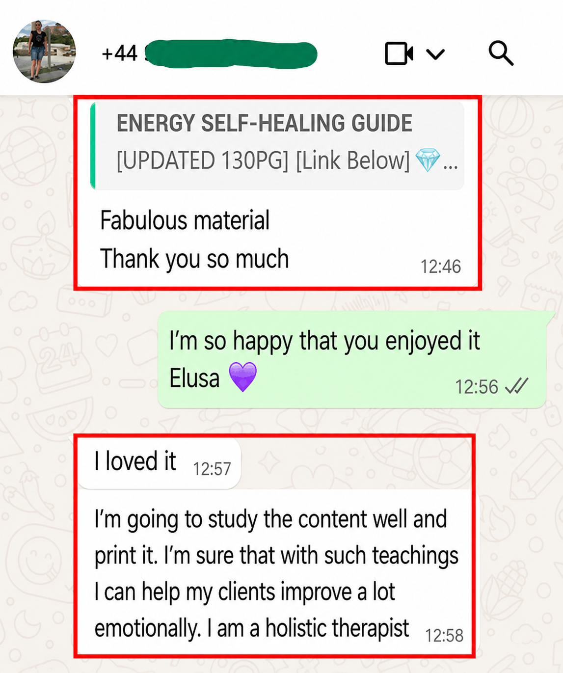 WhatsApp message: wonderful material, from a holistic therapist